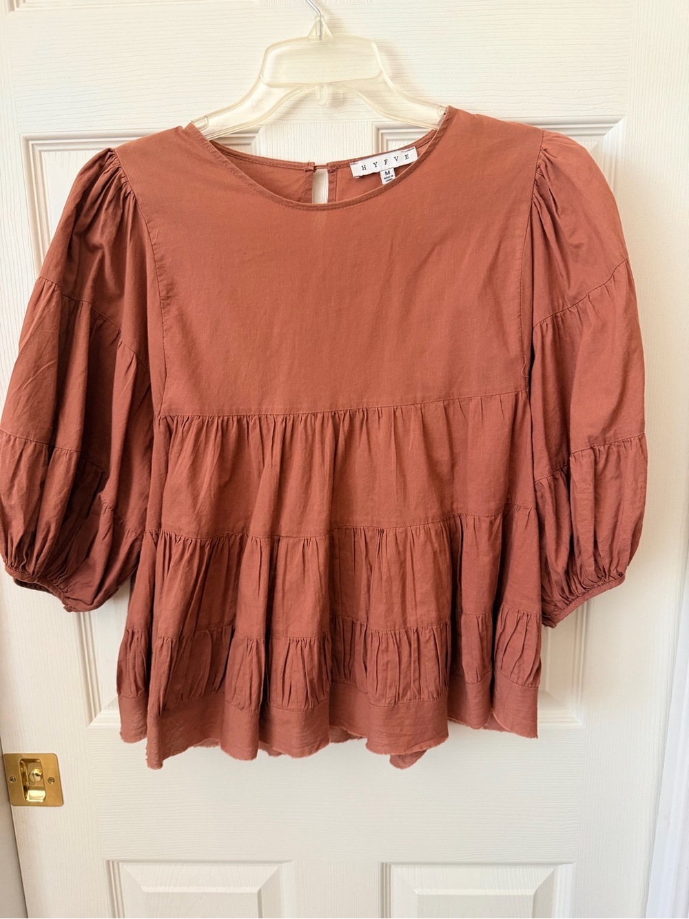 HYFVE Terracotta Puff Sleeve Tiered Peasant Top